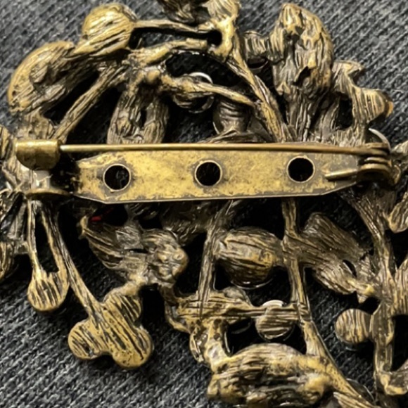 Antique Gold Tone Multi Colored Rhinestone Acrylic Flower Leaf Brooch Pin - Picture 5 of 5